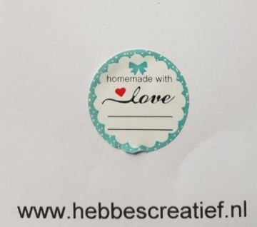 Sticker homemade with love blauwe strik rood hartje