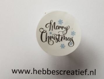 Sticker wit rond merry christmas en blauwe sneeuwvlokjes